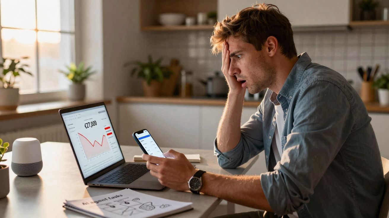Homem preocupado olhando para celular com gráfico em queda no laptop à sua frente em cozinha.