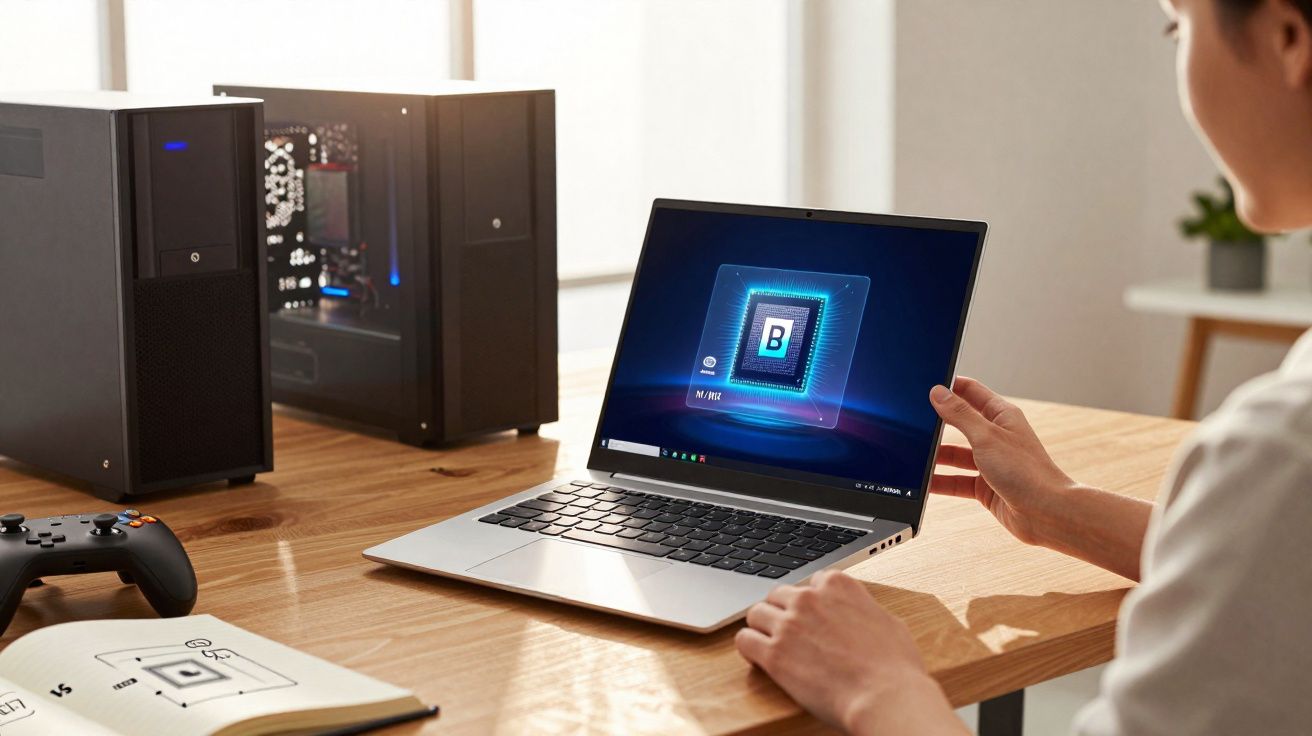 Pessoa usando laptop com imagem de chip e computador desktop aberto na mesa de madeira