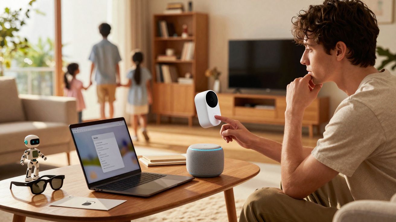 Homem operando dispositivo de segurança doméstica com laptop e assistente virtual em sala com crianças ao fundo.