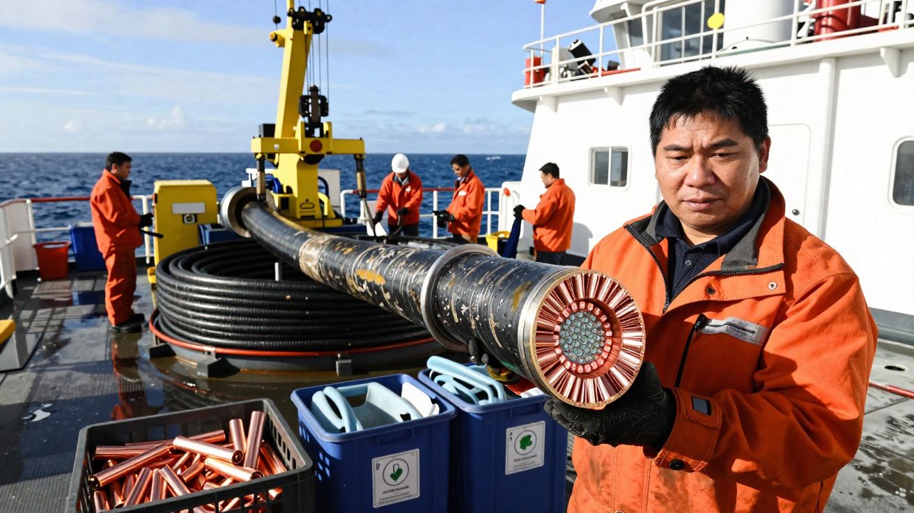 Homem segurando cabo submarino enquanto colegas trabalham no convés de navio em alto mar.
