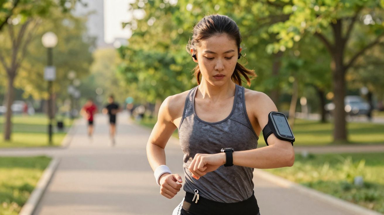 Mulher correndo em parque enquanto consulta relógio esportivo no braço com árvores ao fundo.