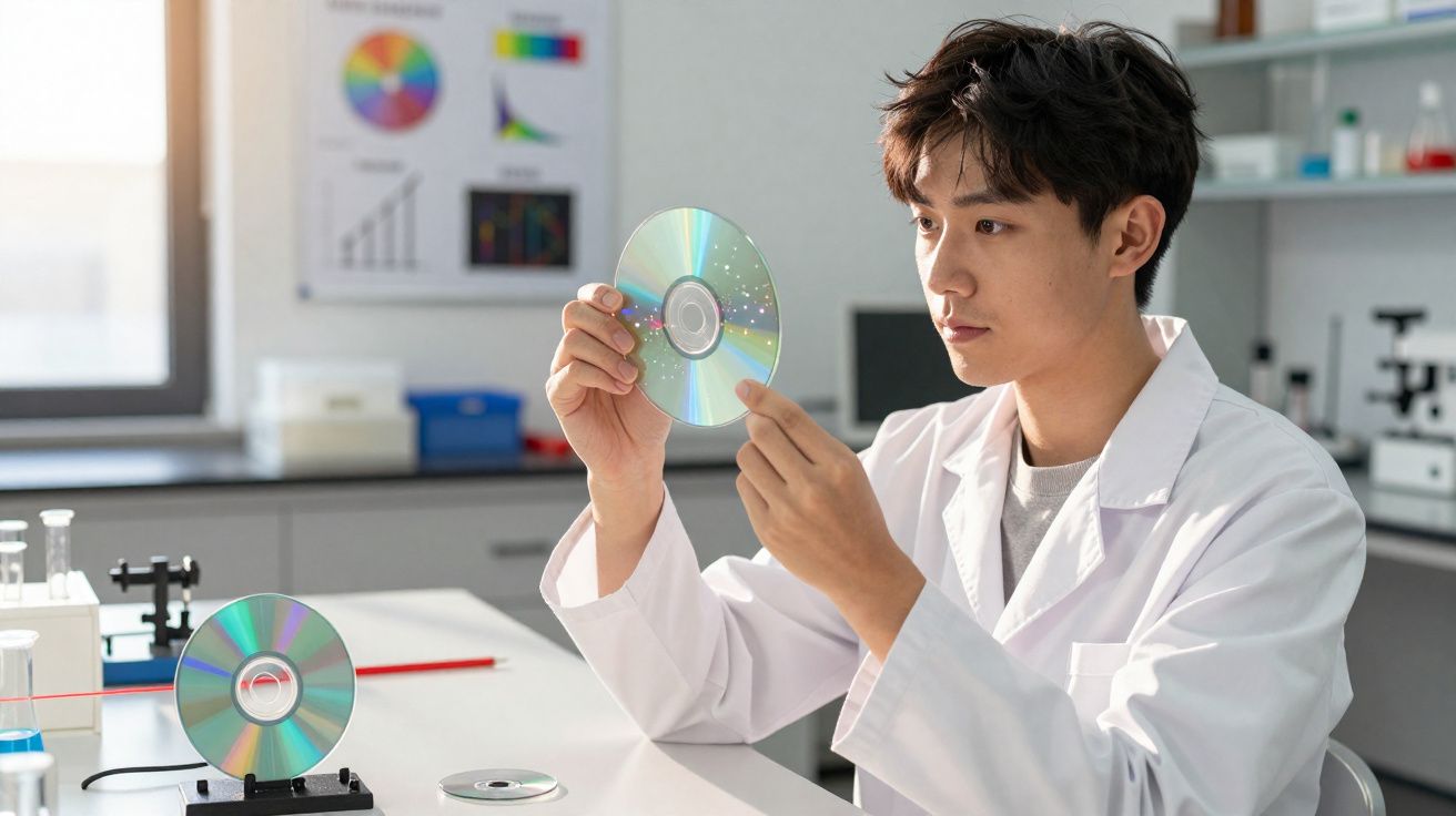 Cientista em laboratório examinando um disco óptico transparente sob luz branca.