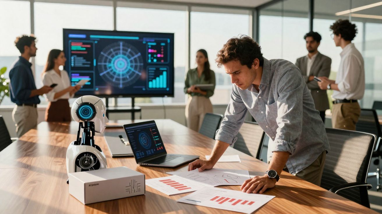 Profissional analisando gráficos em papel com robô e colegas em reunião de escritório moderno.