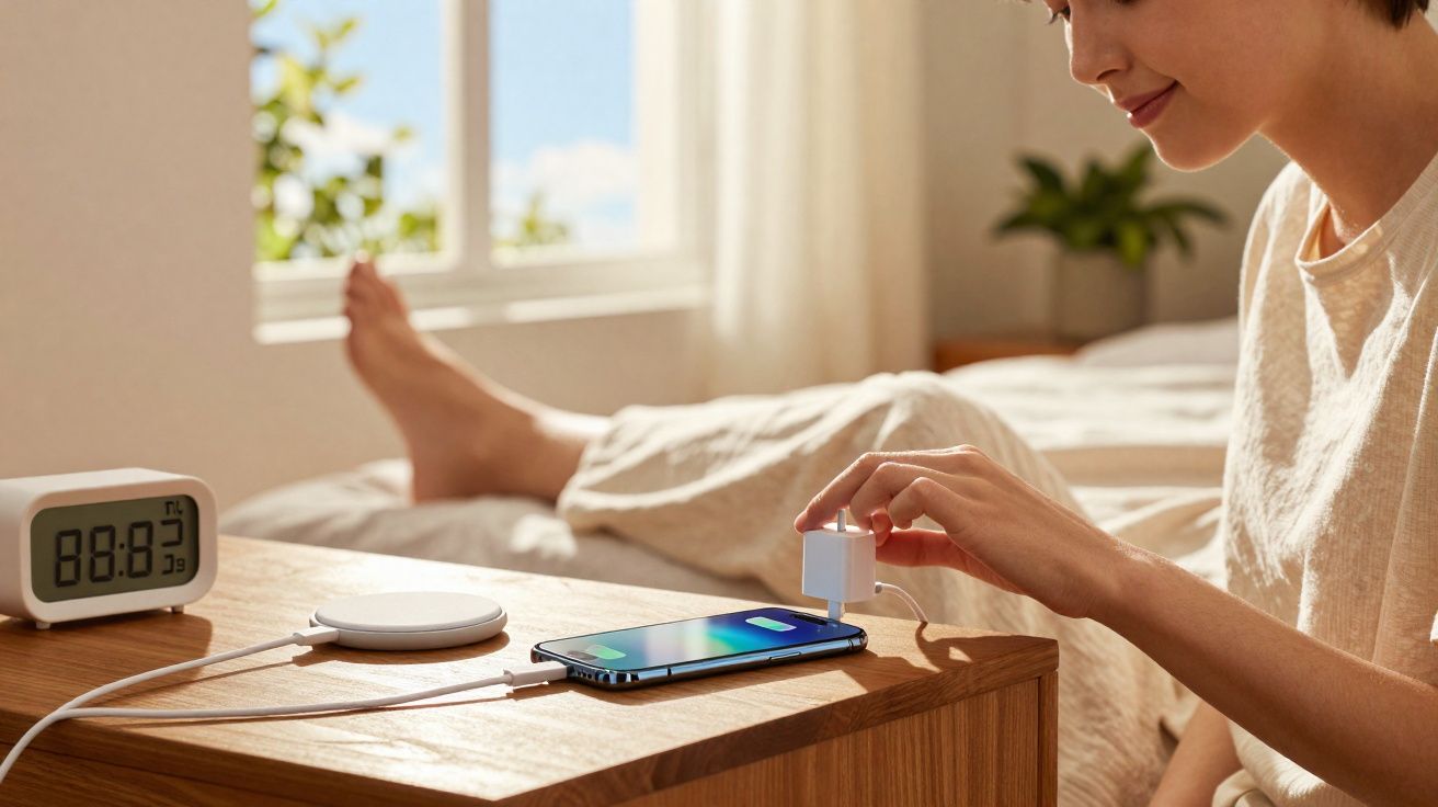 Mulher sentada ao lado da cama conectando carregador em celular sobre mesa de madeira ao lado de relógio digital.