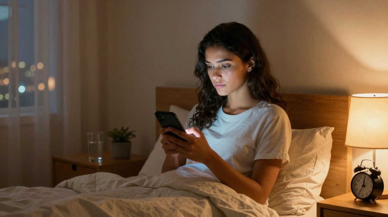 Mulher sentada na cama à noite, usando celular com iluminação suave de abajur ao lado.