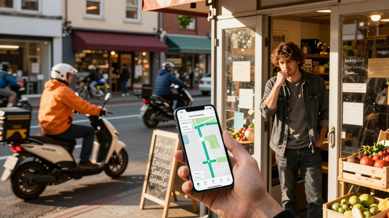 Pessoa usando smartphone com mapa digital em frente a loja de frutas na calçada movimentada da cidade