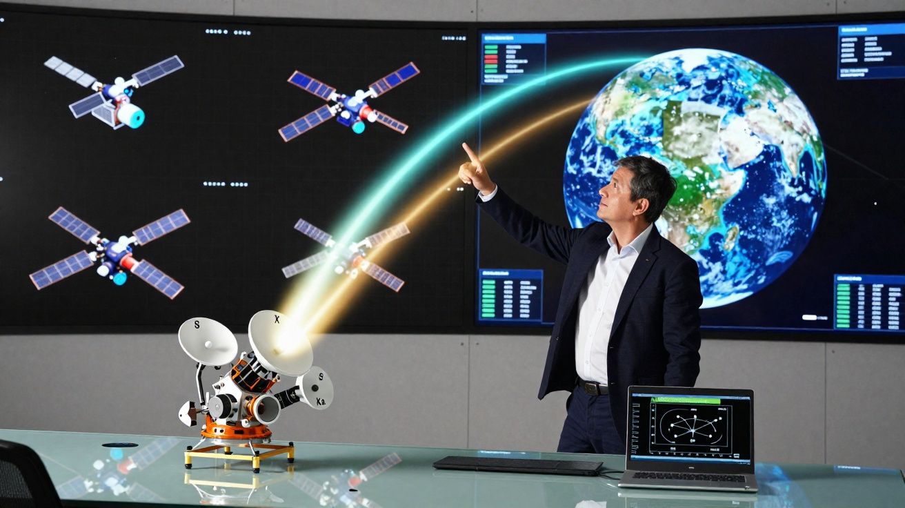 Homem aponta para tela com imagens de satélites e Terra, perto de modelo com antenas em mesa de vidro.