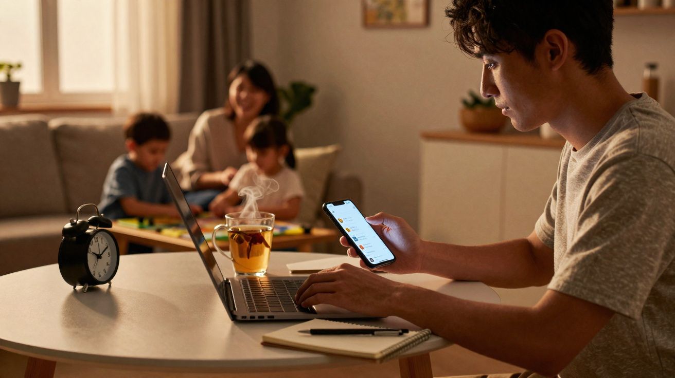 Jovem concentrado trabalhando no laptop e celular, com família ao fundo brincando na sala.