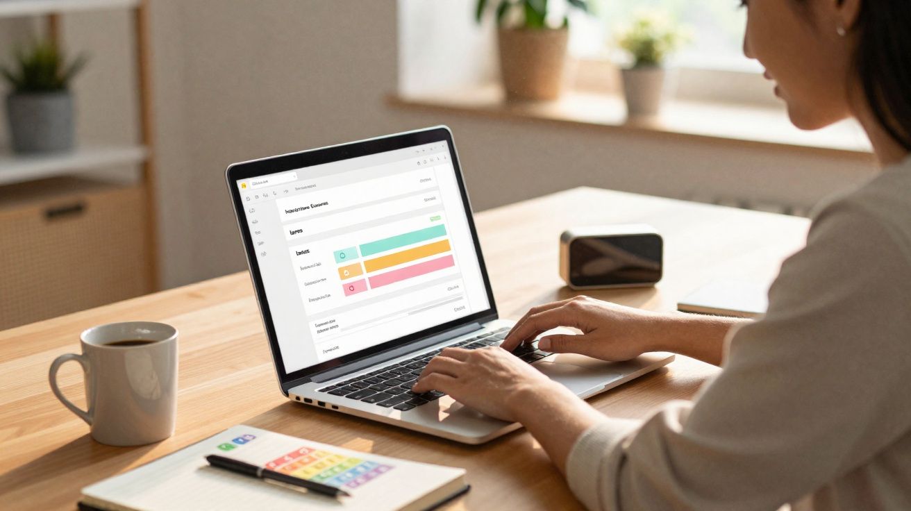 Pessoa usando laptop em mesa com café, caderno e celular, trabalhando em aplicativo de organização.