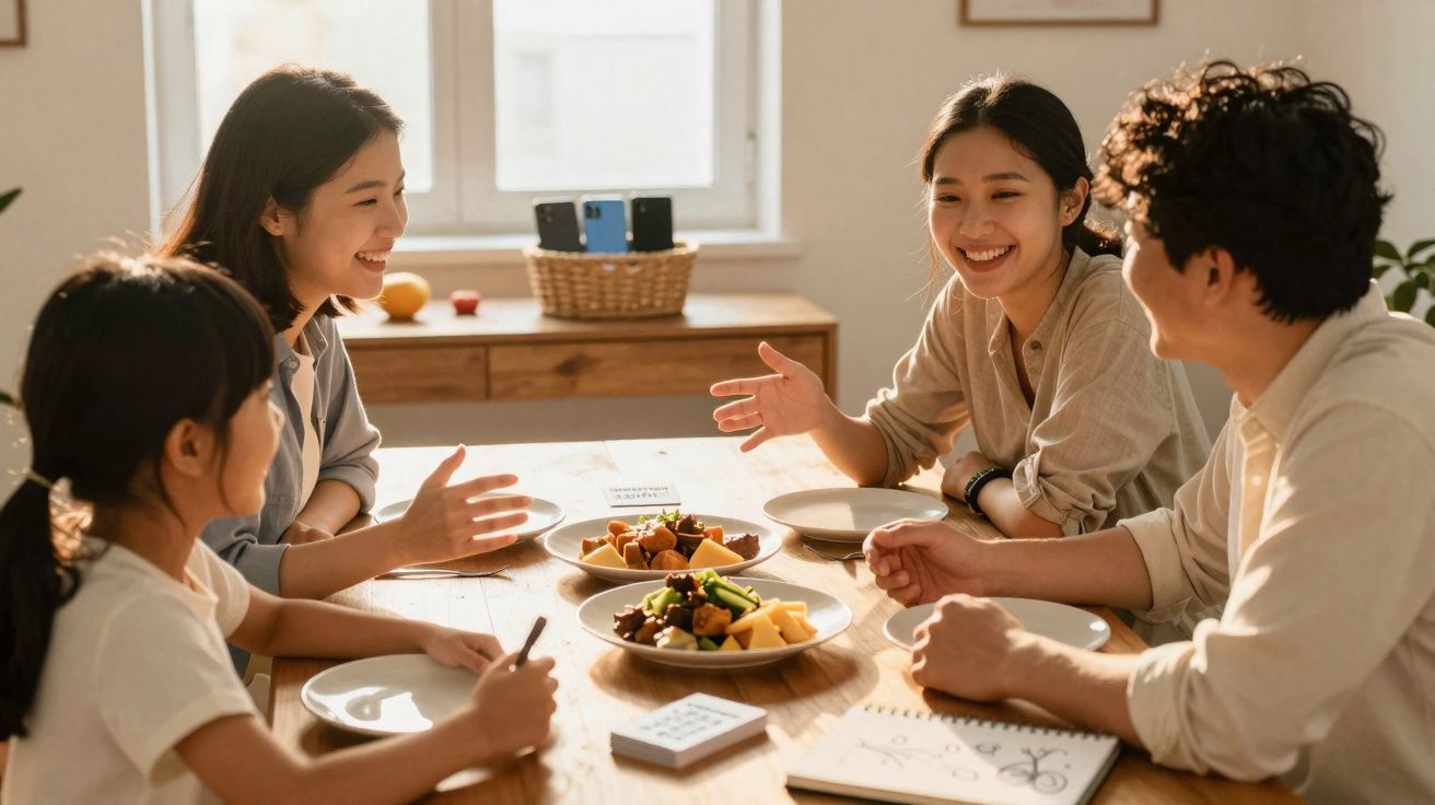 Grupo de quatro pessoas sorrindo e conversando ao redor de mesa com frutas e papelaria.
