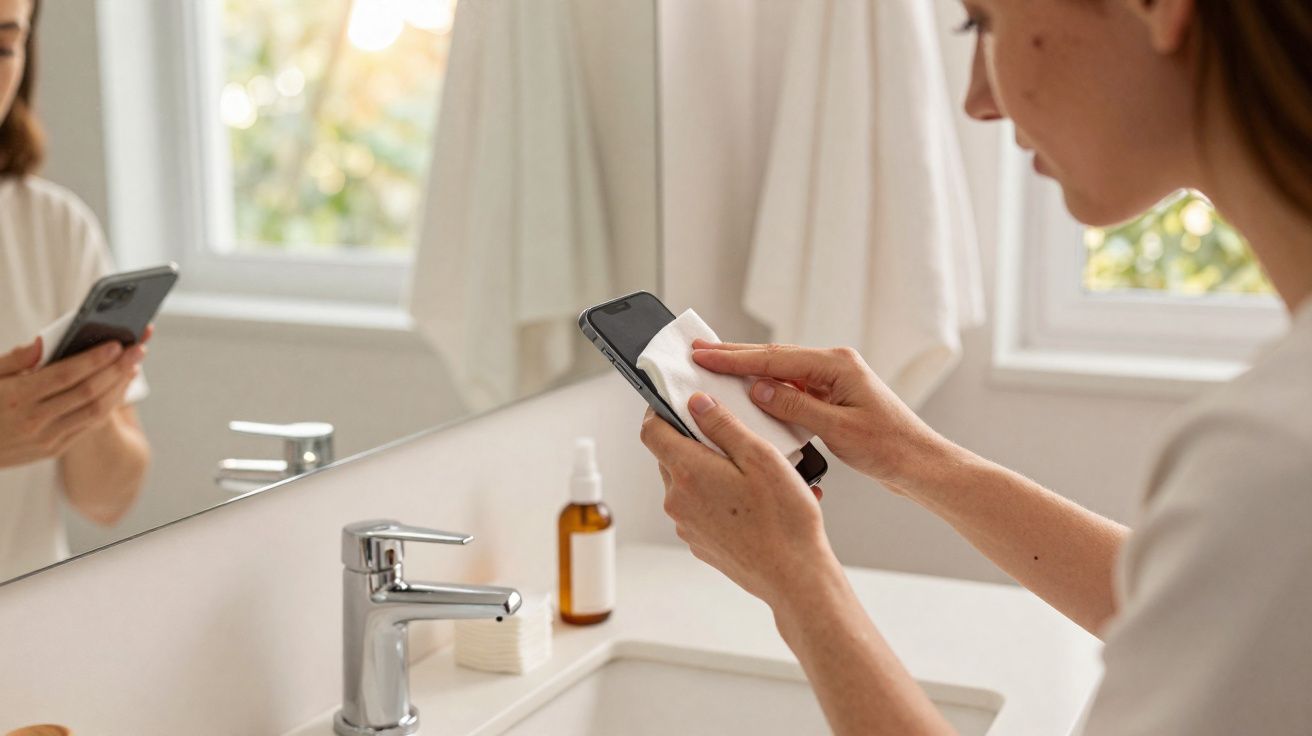 Pessoa limpando a tela do celular com um lenço em banheiro claro, próxima ao espelho.