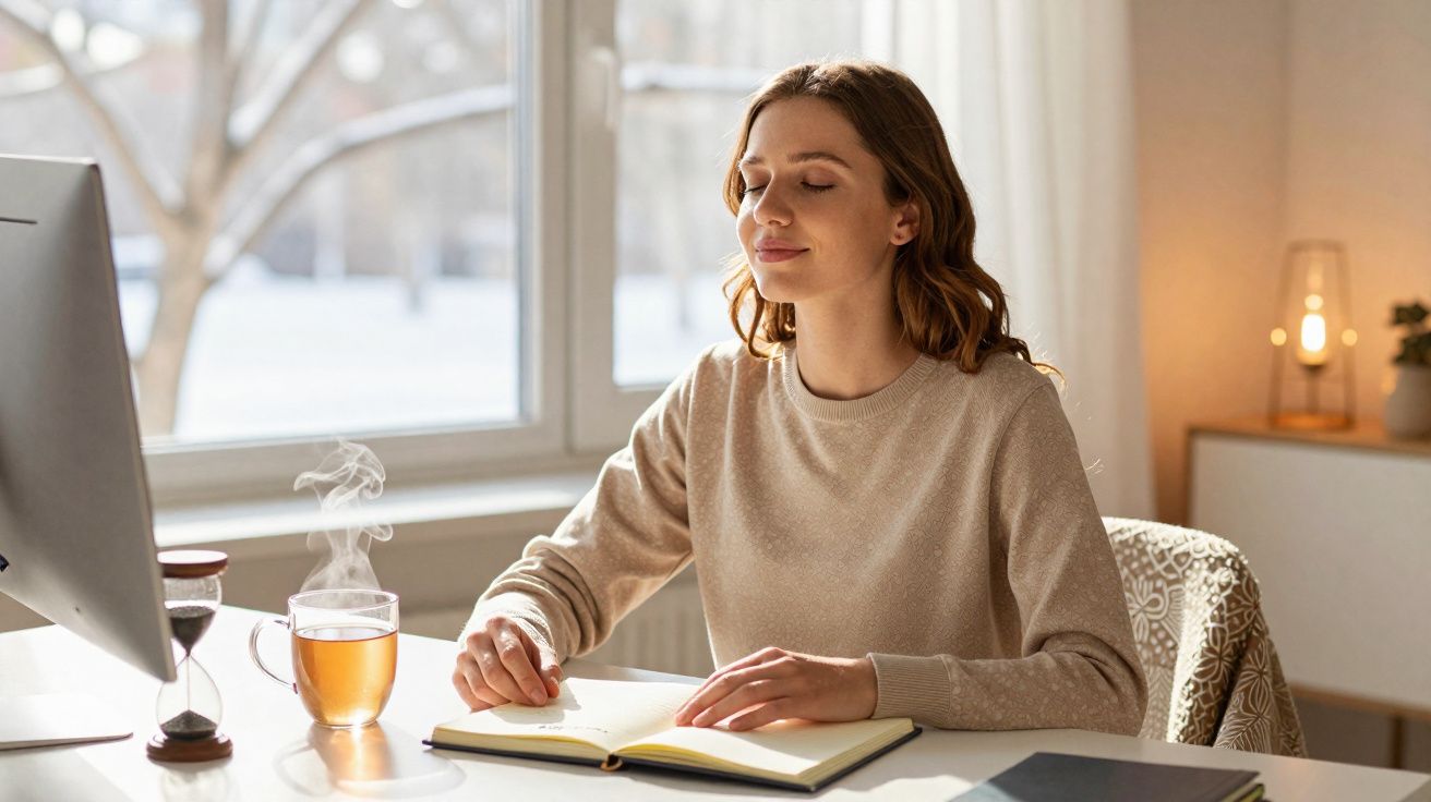 Mulher sentada em mesa com livro aberto, chá quente e timer, olhos fechados em momento de relaxamento.