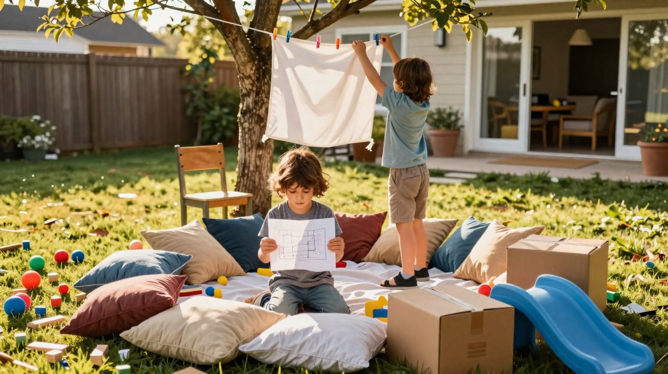 Crianças brincando no jardim com travesseiros, brinquedos, caixas e um varal improvisado.