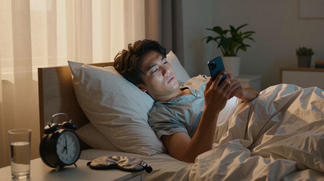 Homem deitado na cama usando celular, com relógio, copo d'água e máscara de dormir na mesa ao lado.