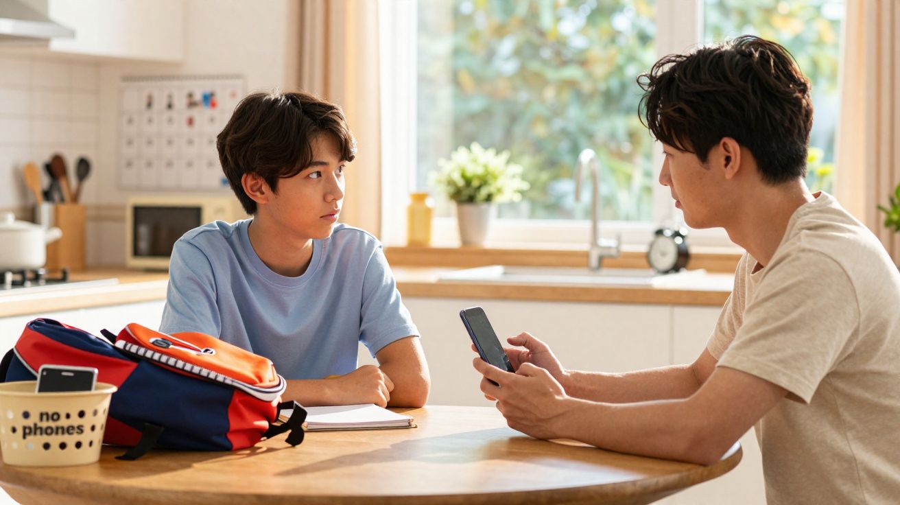 Adolescentes conversando na cozinha, um com mochila e caderno, outro segurando celular, luz natural entrando pela janela.