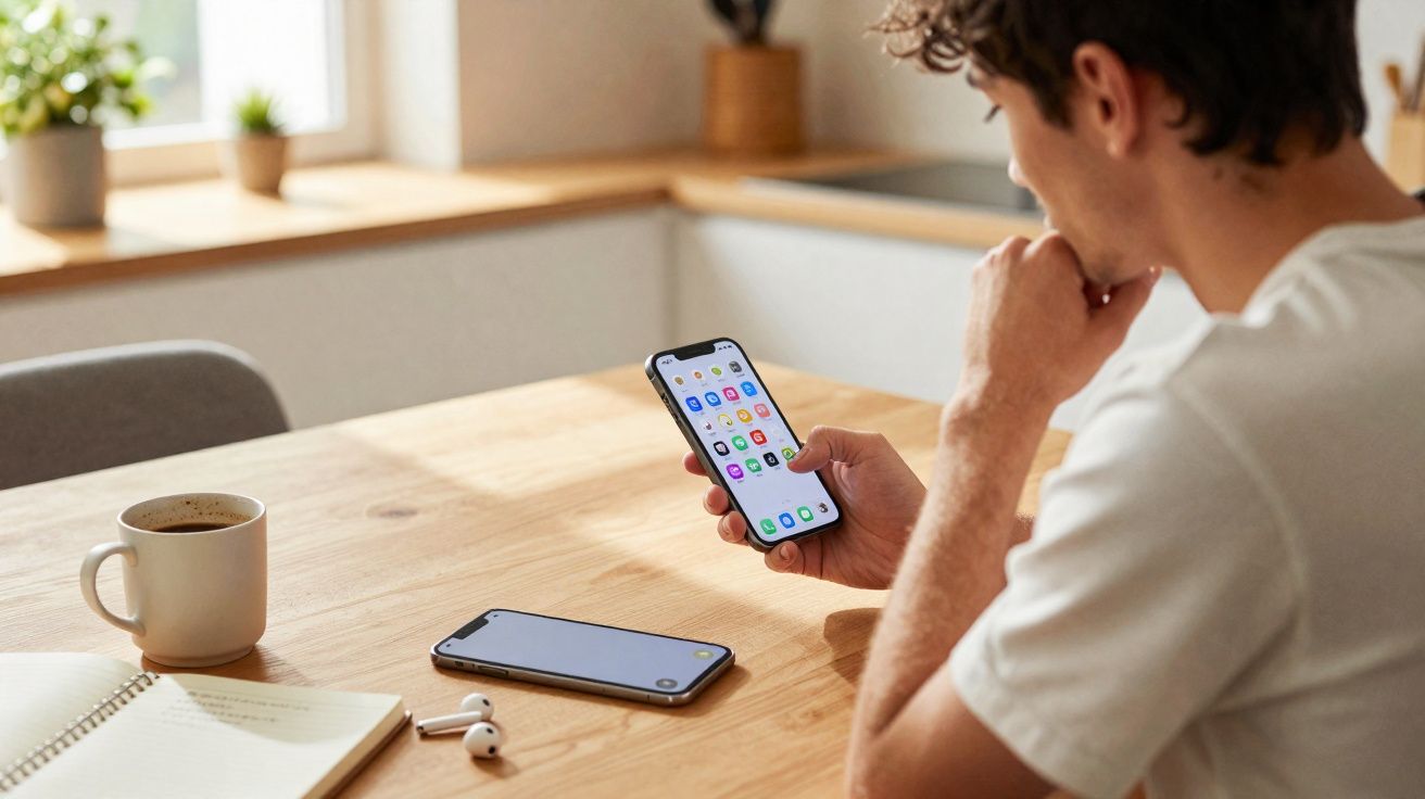 Homem sentado à mesa usando smartphone com aplicativos, café e notebook ao lado em ambiente iluminado.