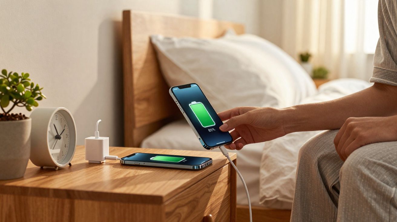Pessoa segurando celular carregando com bateria cheia ao lado de mesa de cabeceira com relógio e planta.
