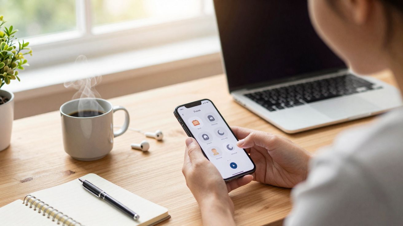 Pessoa segurando celular com app aberto, em mesa com notebook, café e caderno à tarde.