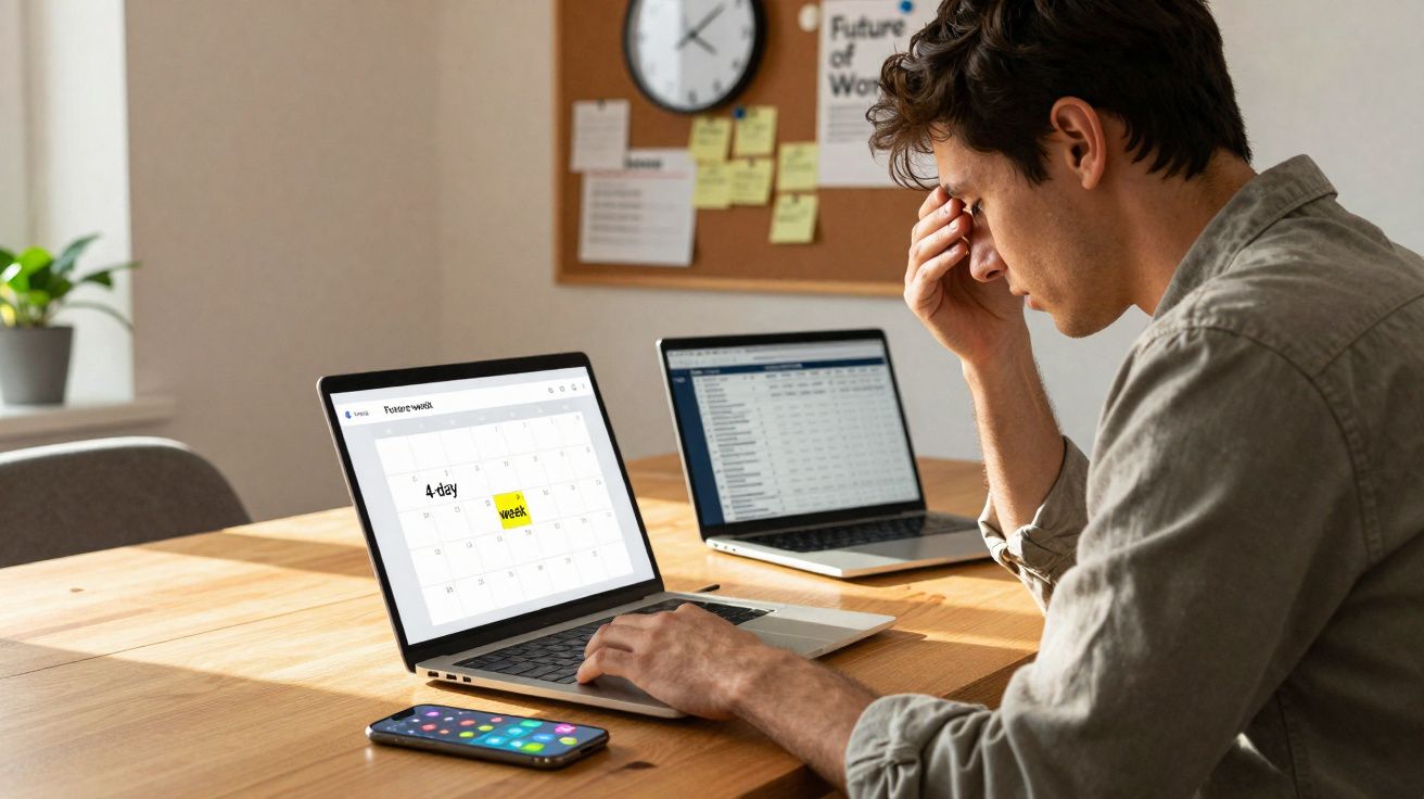 Homem preocupado em mesa de trabalho com dois laptops e celular, olhando calendário no computador.