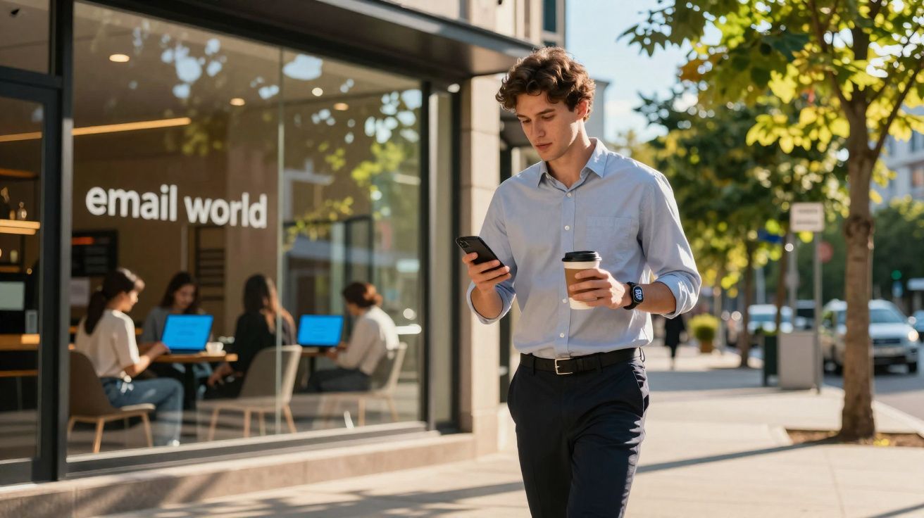 Homem caminhando na calçada com celular e café, prédio com pessoas usando laptops ao fundo.