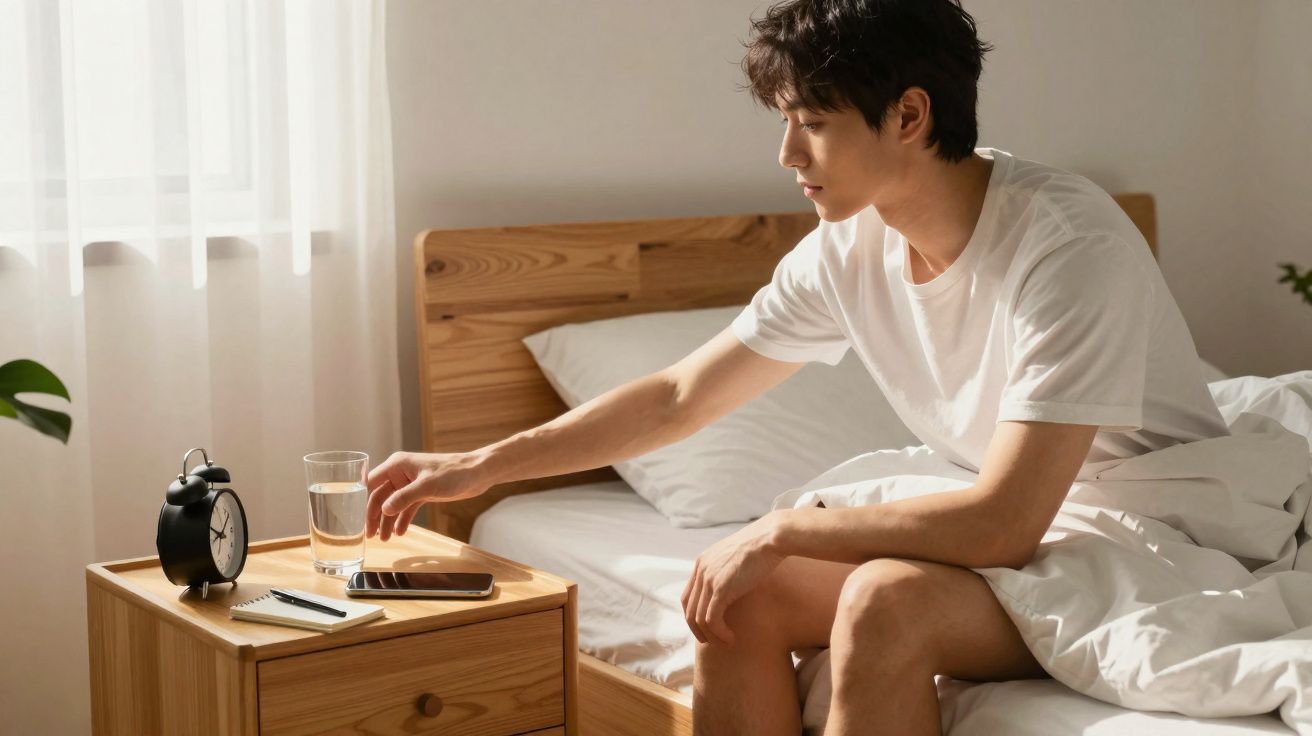Homem acordando na cama e alcançando um copo de água em um criado-mudo ao lado.
