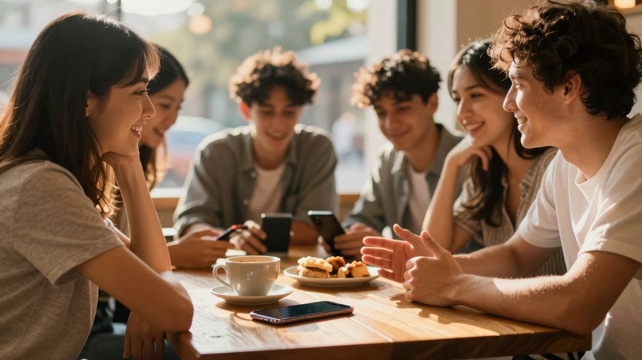 Grupo de jovens conversando e sorrindo em mesa de cafeteria com café e doces.