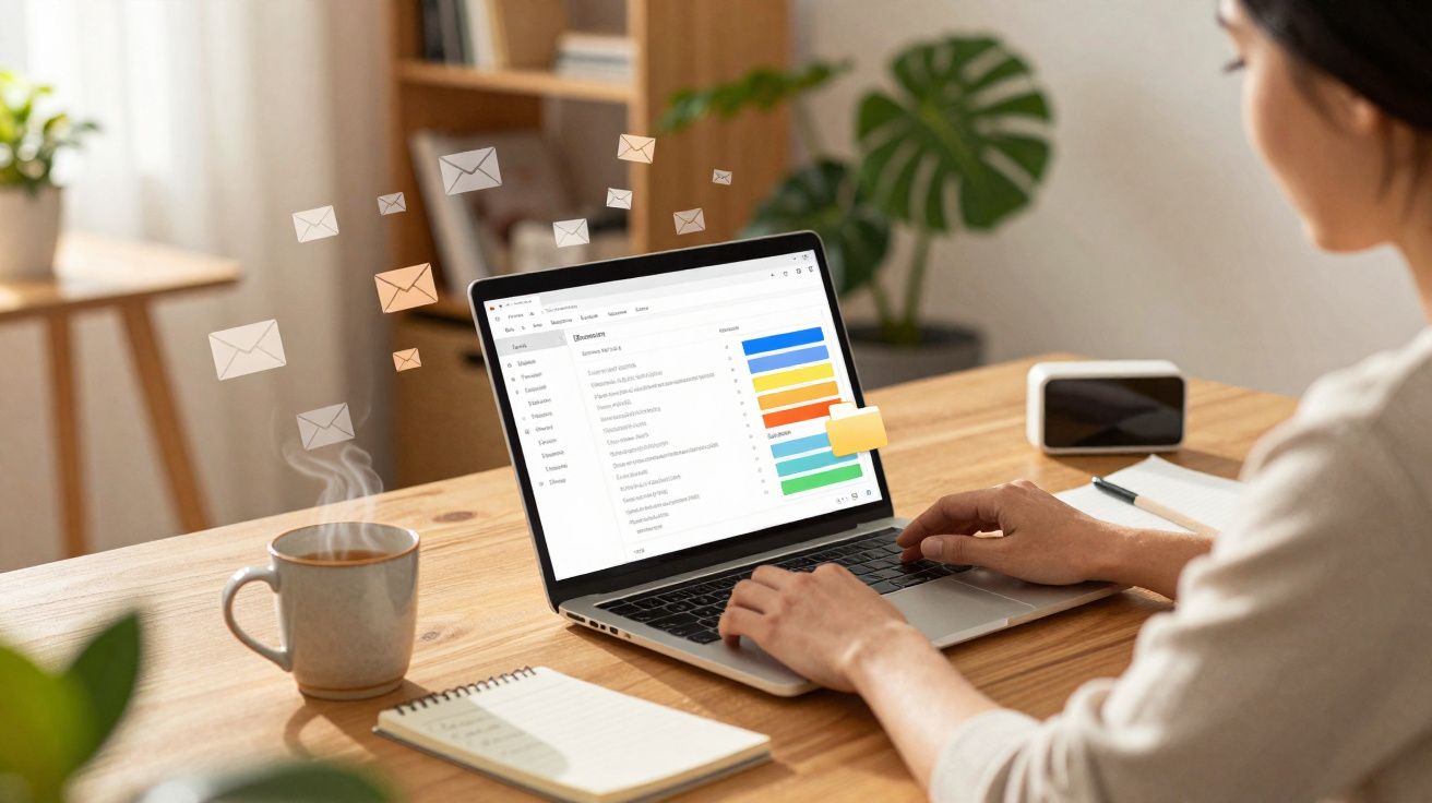 Pessoa usando laptop em mesa com xícara de café, enviando e recebendo e-mails no ambiente de trabalho.