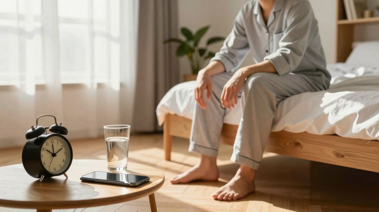 Pessoa sentada à beira da cama com relógio, copo d'água e celular sobre mesa ao lado.