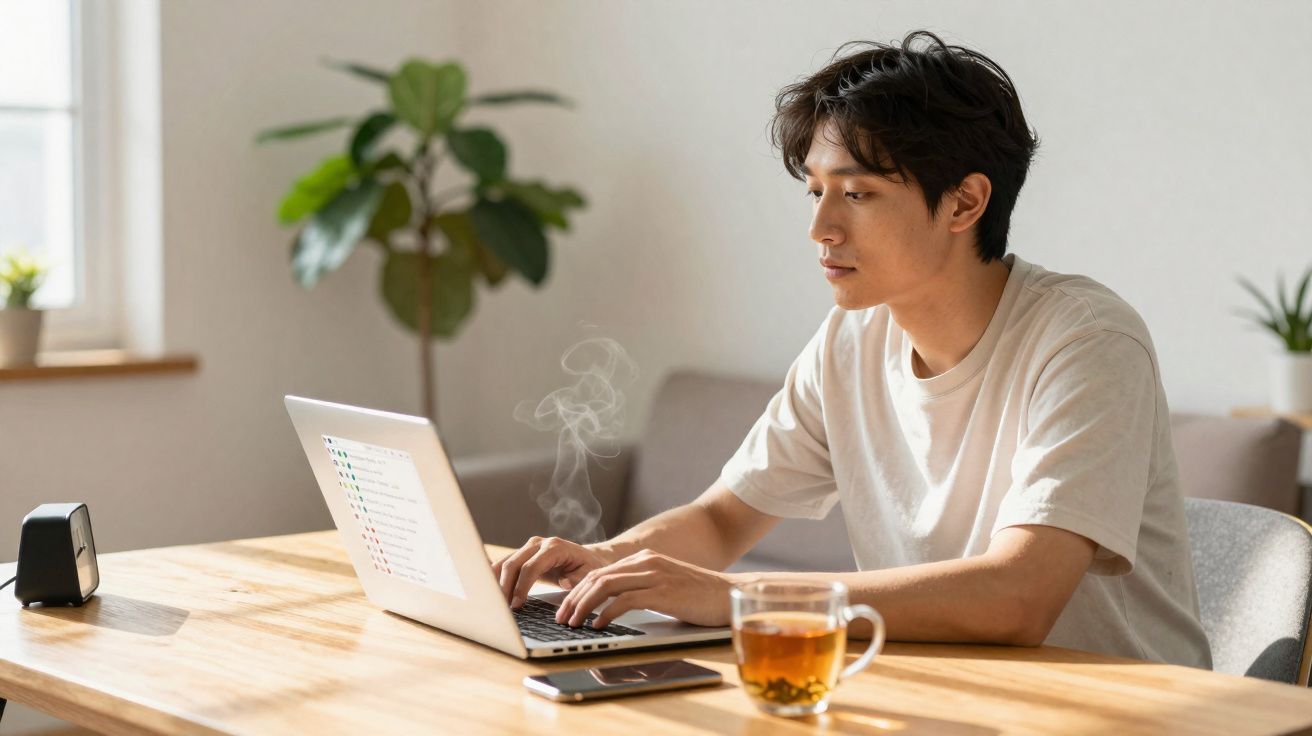 Jovem trabalhando em laptop em mesa com xícara de chá quente e smartphone em ambiente iluminado.