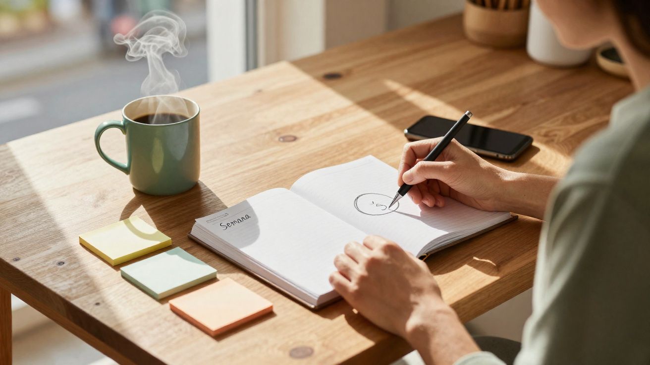 Pessoa desenhando em caderno aberto, com xícara de café fumegante e blocos de anotação sobre mesa de madeira.