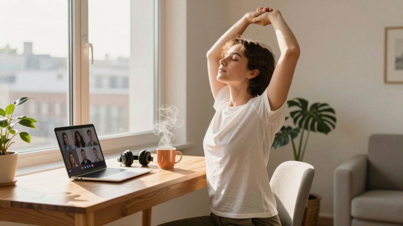 Mulher esticando os braços enquanto faz videoconferência em ambiente iluminado e aconchegante.