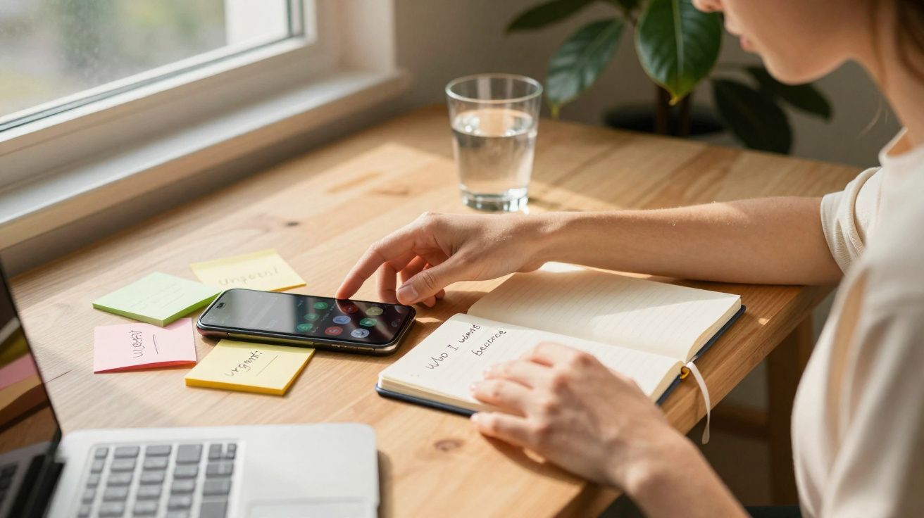 Pessoa usando smartphone e escrevendo em caderno com post-its, laptop e copo d'água sobre mesa de madeira.