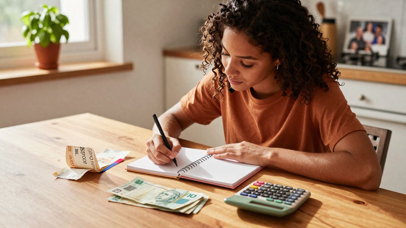 Mulher sentada à mesa anotando em caderno, com dinheiro, calculadora e recibos ao lado.