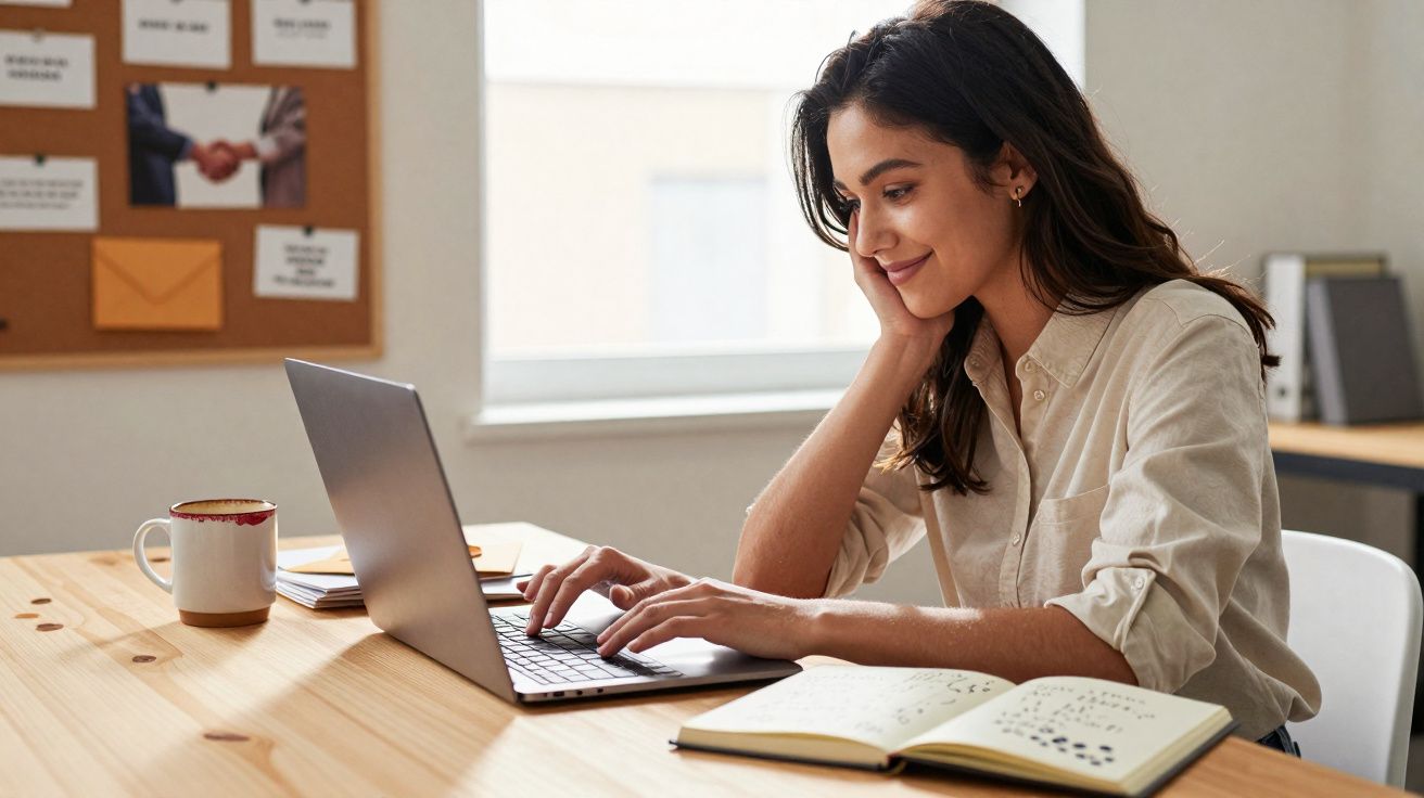 Mulher sorridente usando laptop em mesa com caderno aberto e caneca, em ambiente de trabalho iluminado.