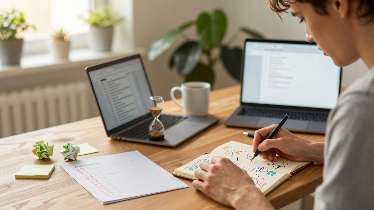 Pessoa desenhando gráficos coloridos em caderno, com laptops, ampulheta e papéis sobre mesa de madeira.