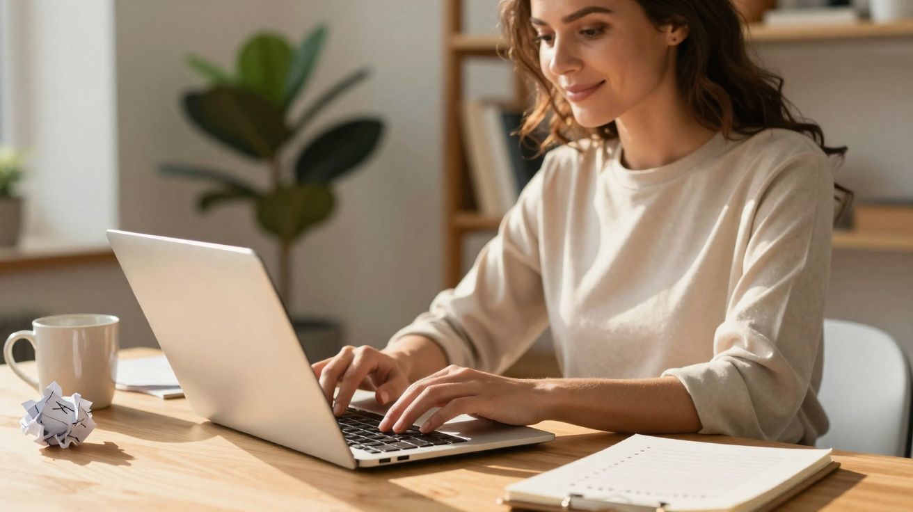 Mulher sorridente usando laptop em mesa com caderno, xícara e bola de papel amassado.