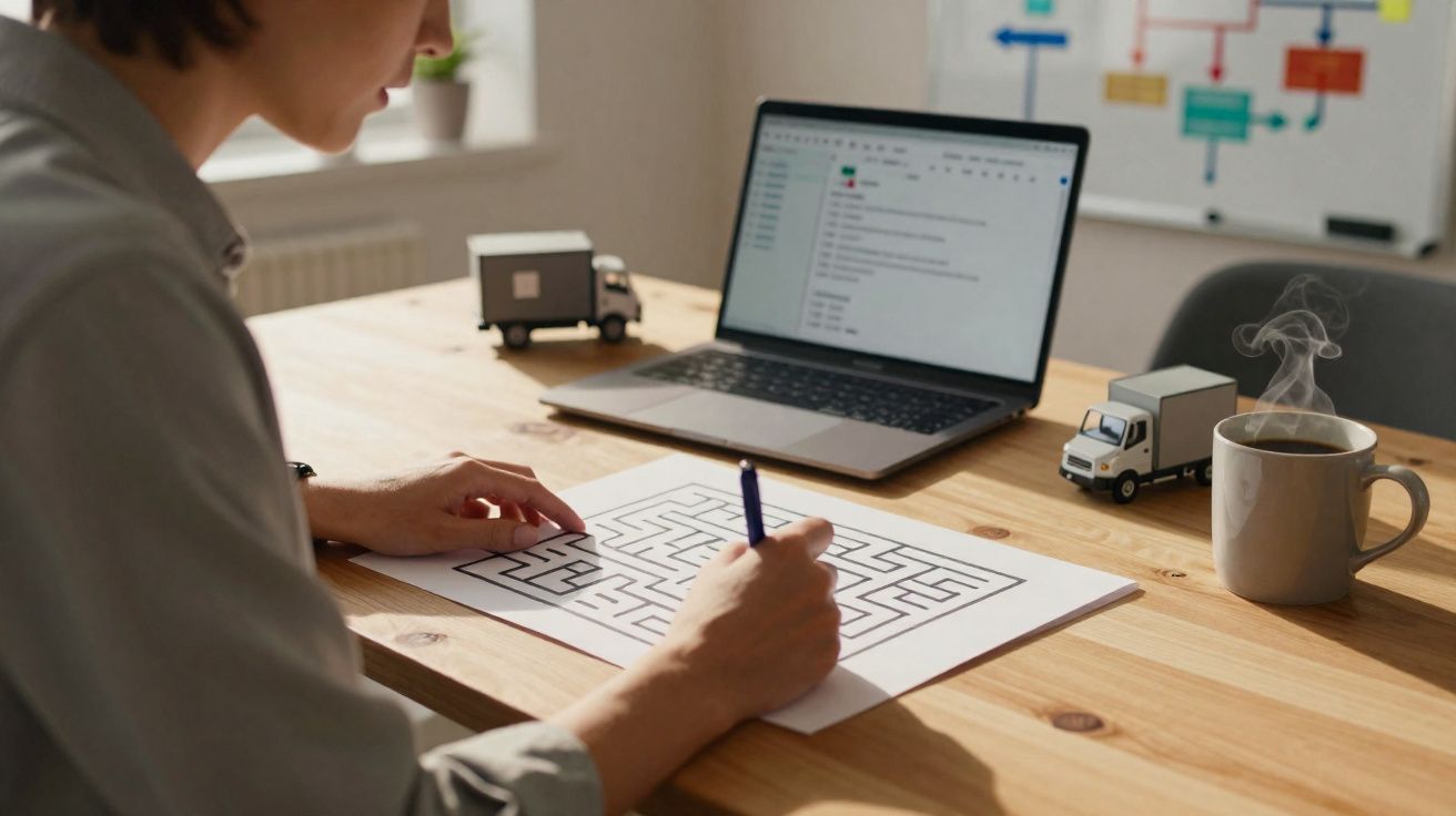 Pessoa resolvendo um labirinto em papel, com notebook aberto e xícara de café na mesa de madeira.