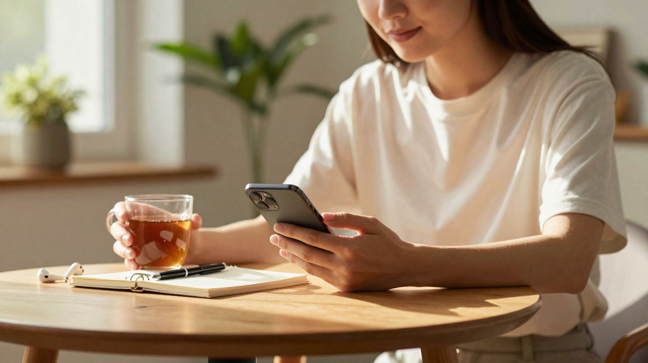 Mulher sentada à mesa com xícara de chá, celular e caderno, olhando para a tela do aparelho.