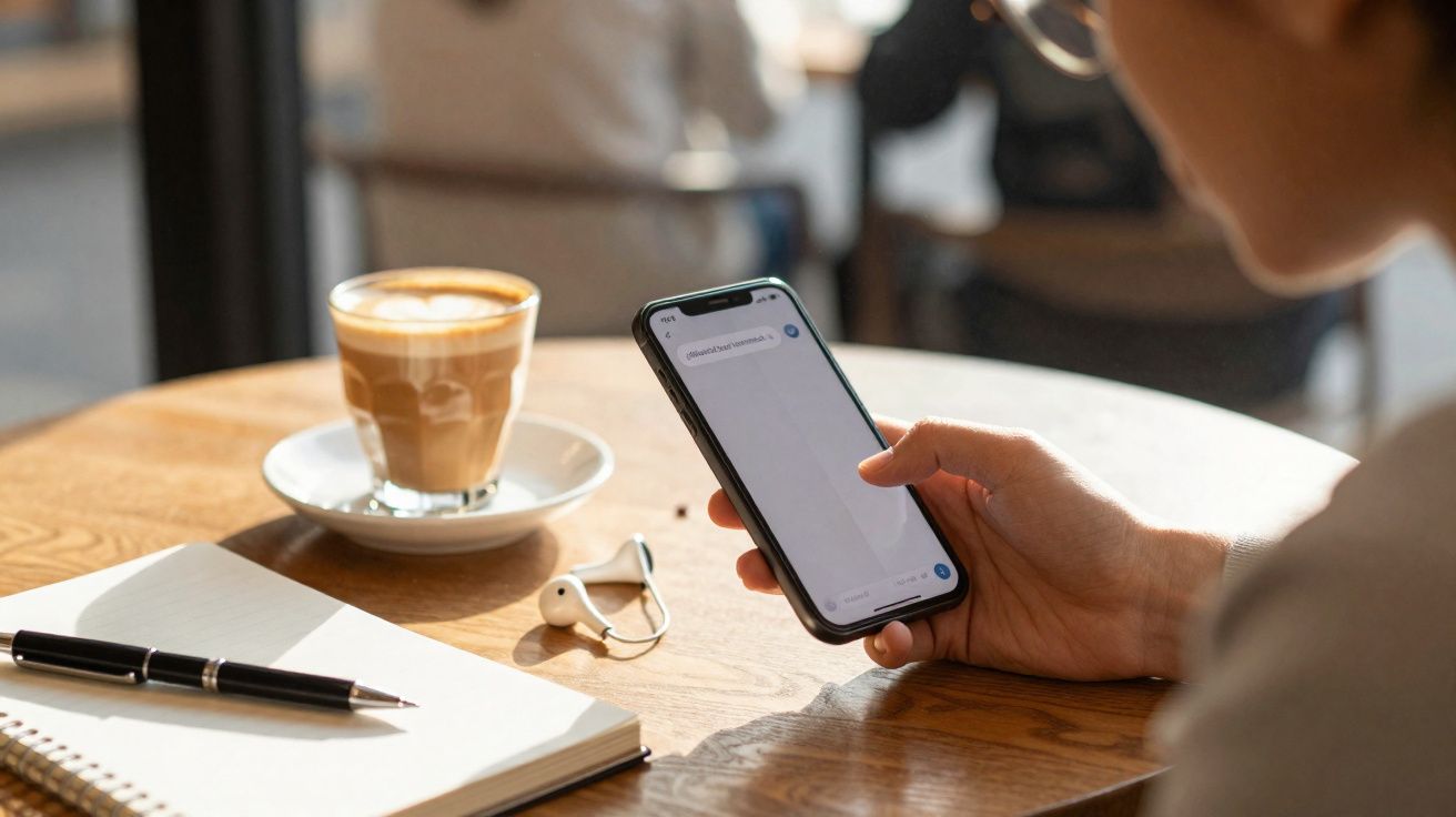 Pessoa segurando celular em mesa com café, caderno, caneta e fones de ouvido em ambiente claro e confortável.