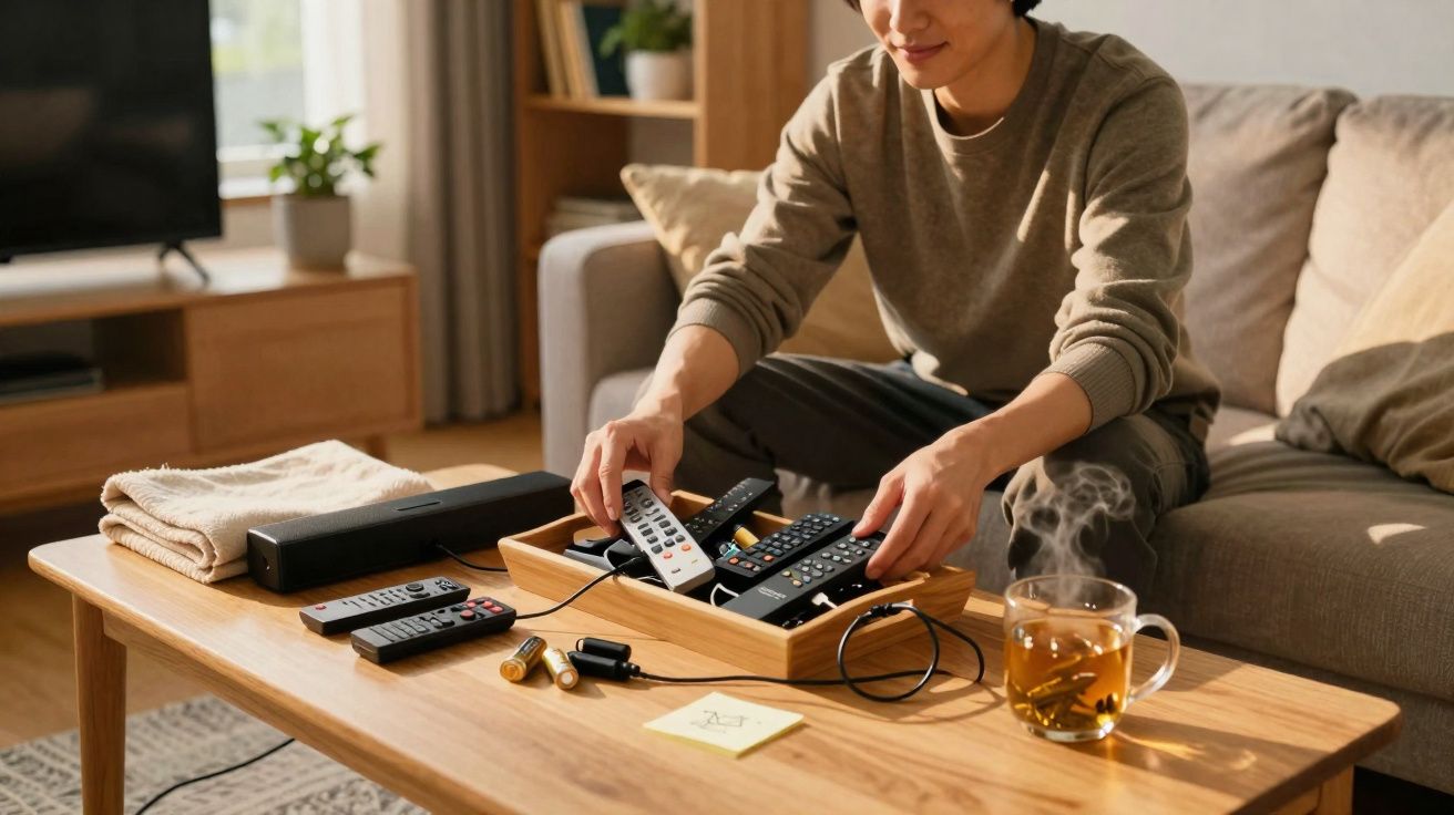 Pessoa organizando controles remotos em uma bandeja sobre mesa de madeira com chá quente ao lado.