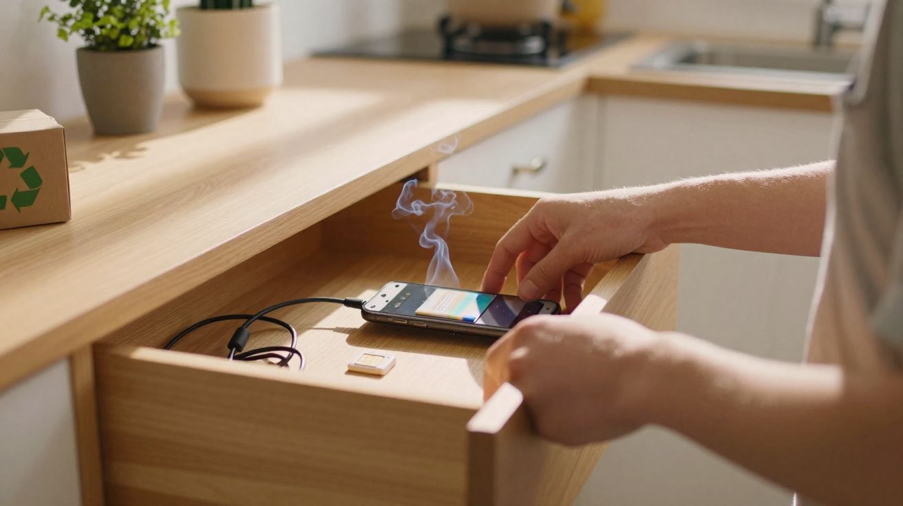 Pessoa abrindo gaveta com celular fumegante sobre madeira clara em cozinha iluminada.