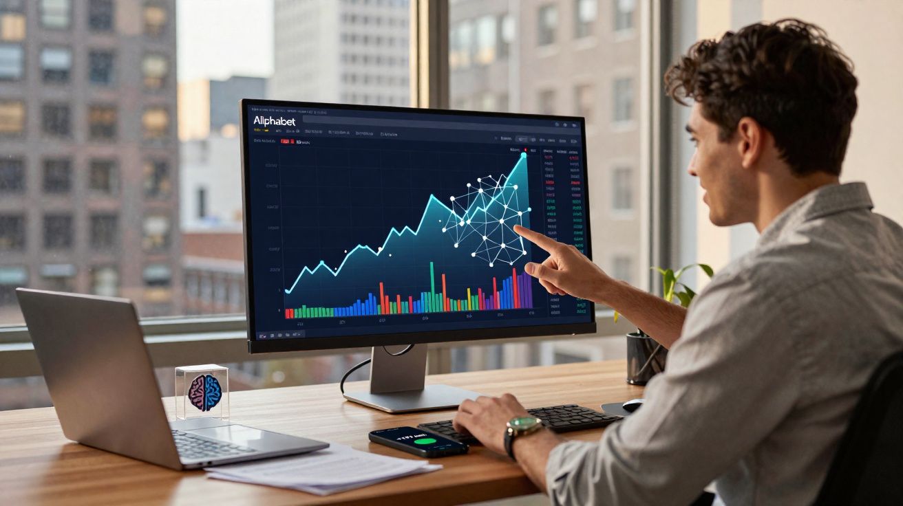 Homem analisando gráfico de crescimento financeiro em monitor de computador no escritório com vista para prédios.