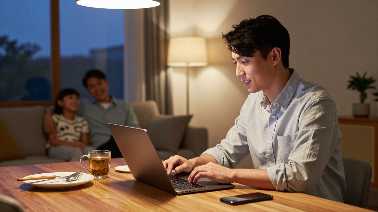 Homem trabalhando no computador à mesa enquanto duas crianças sorriem ao fundo no sofá da sala à noite.