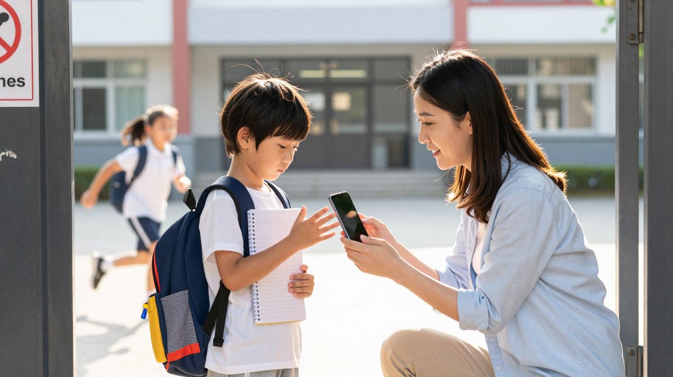 Mulher mostrando celular para menino com mochila e caderno em pátio escolar ao ar livre.