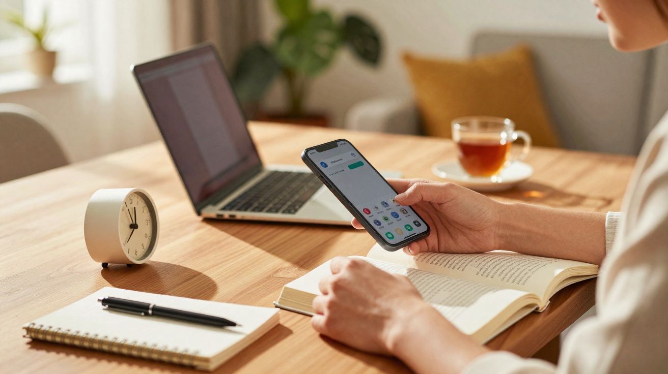 Pessoa usando celular enquanto estuda com livro aberto, laptop, caderno, caneta, relógio e xícara de chá na mesa.