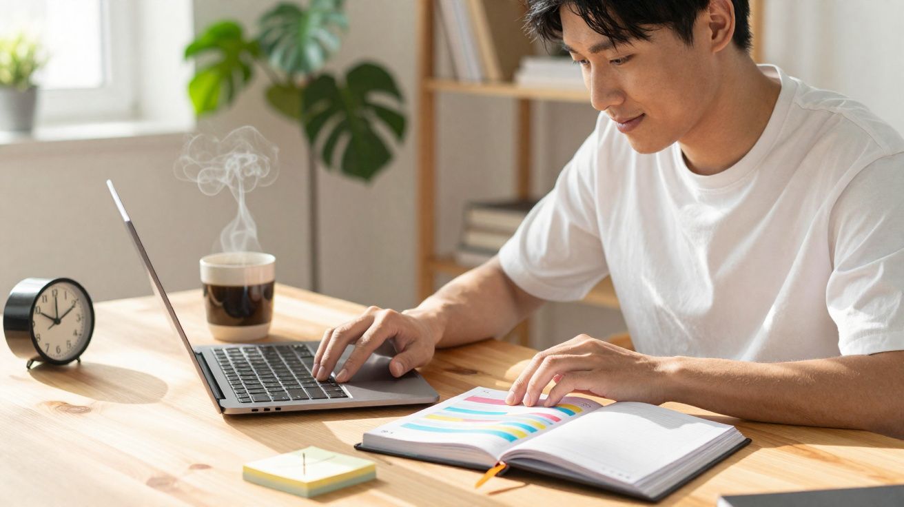 Jovem trabalhando em laptop e consultando agenda colorida em mesa de madeira clara iluminada pela luz natural.