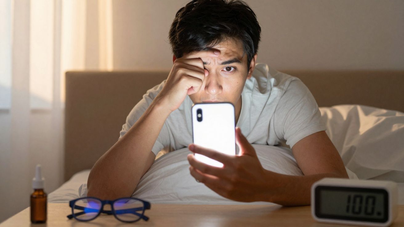 Homem deitado na cama olhando para celular com expressão cansada, perto de óculos e umidificador nasal.