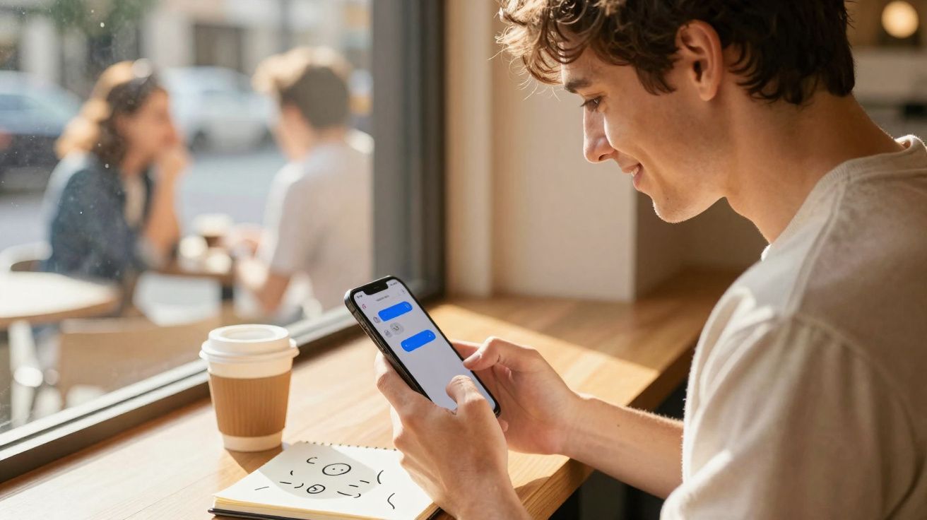 Homem sorrindo checando mensagens no celular sentado em café com copo de café e caderno na mesa.