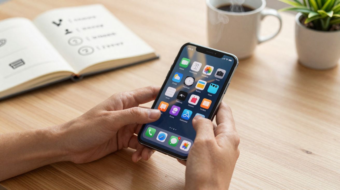 Mãos segurando um smartphone com a tela de aplicativos aberta sobre mesa de madeira com café e caderno ao fundo.