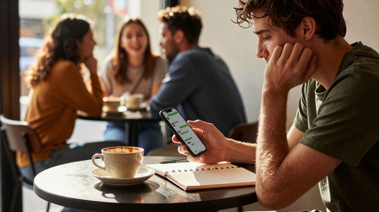 Jovem sentado em cafeteria olhando mensagens no celular, com caderno aberto e xícara de café na mesa.